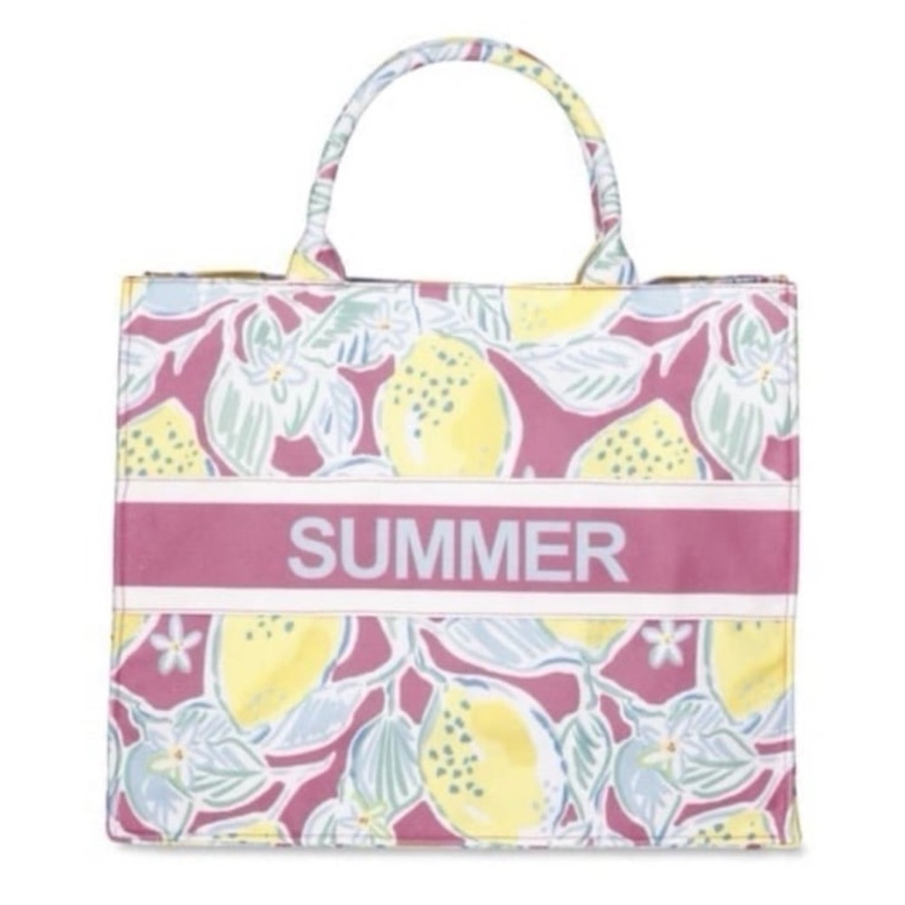London Fog Women's Summer Canvas Tote Bag, Multi- colored, yellow, pink, lemons